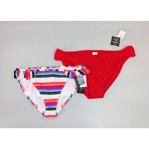 2 Bikini Bottom Women XL Red Crochet Striped Ruffled California Waves Hula Honey